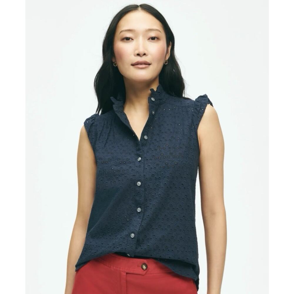Brooks Brothers Women’s Size 8 Navy Blue Eyelet Flutter Sleeve Blouse